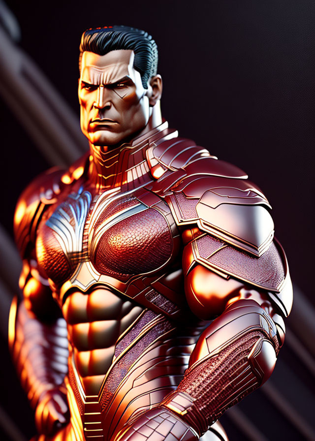 Muscular superhero in red and silver armor on dark background
