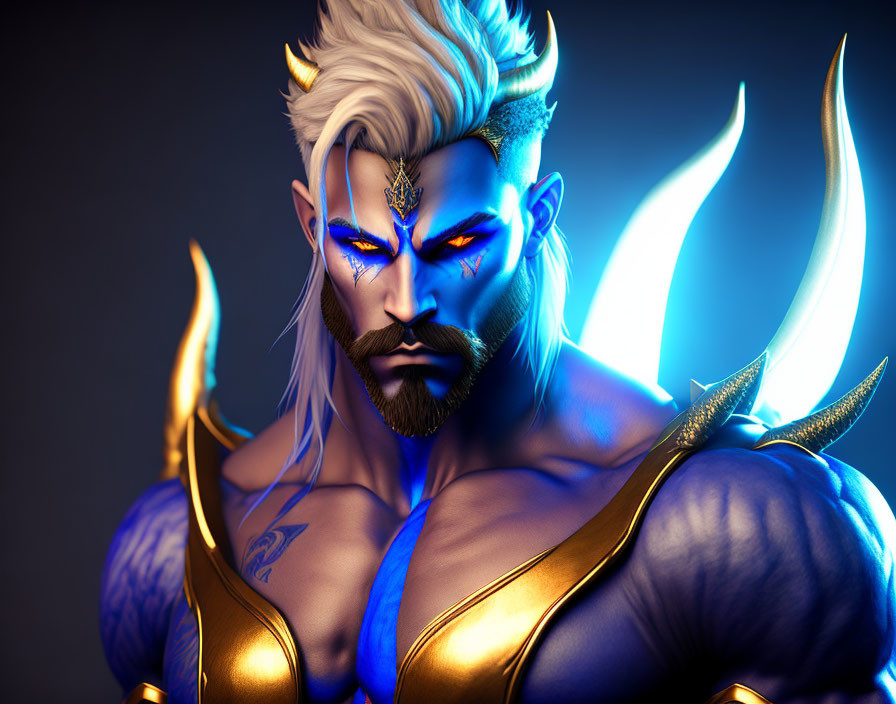 Fantasy character digital artwork with glowing blue eyes and golden armor