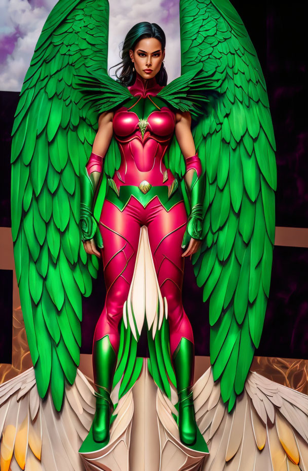Female superhero with large green wings in pink and green bodysuit