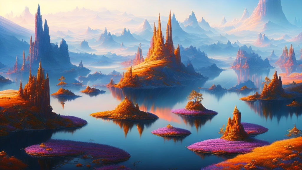 Fantasy landscape with floating islands and purple flora
