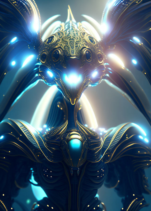 Futuristic figure in golden armor with glowing blue lights