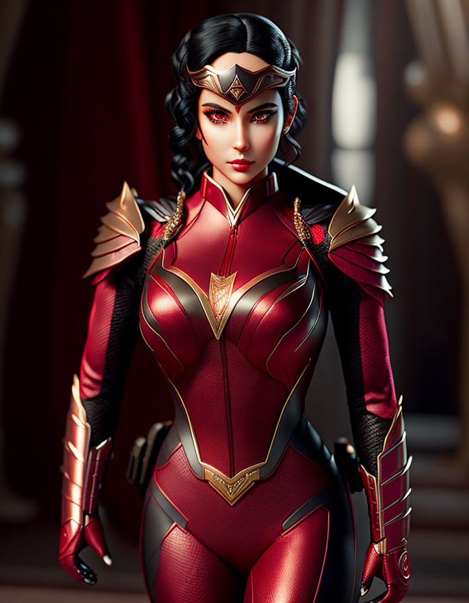 Female superhero in red and gold armored suit with tiara, confident pose