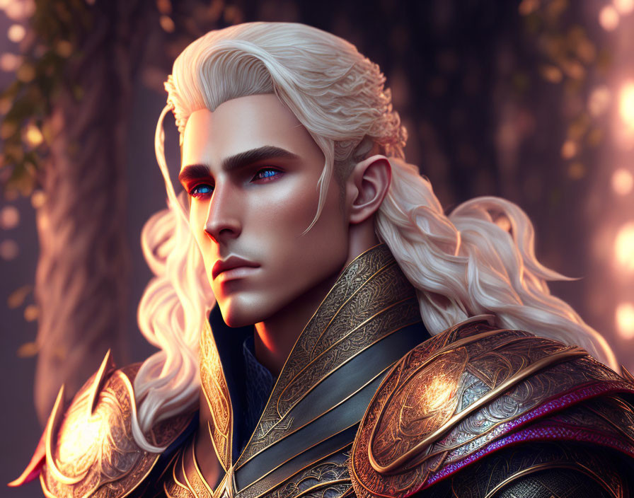 Fantasy male elf with blue eyes, blond hair, golden armor, warm background