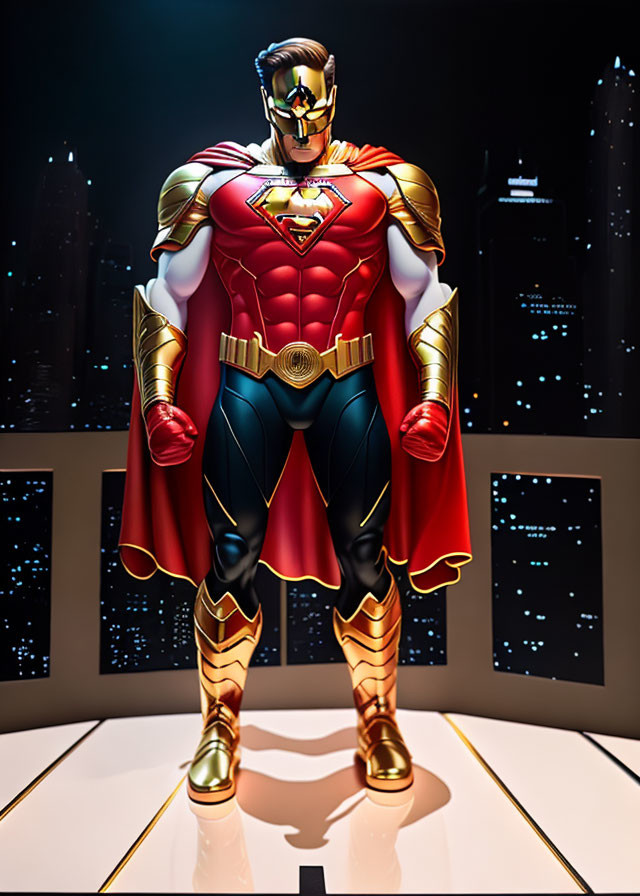 Muscular superhero in red and gold costume against cityscape.
