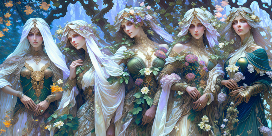 Ethereal female figures in floral wreaths under blossoming tree