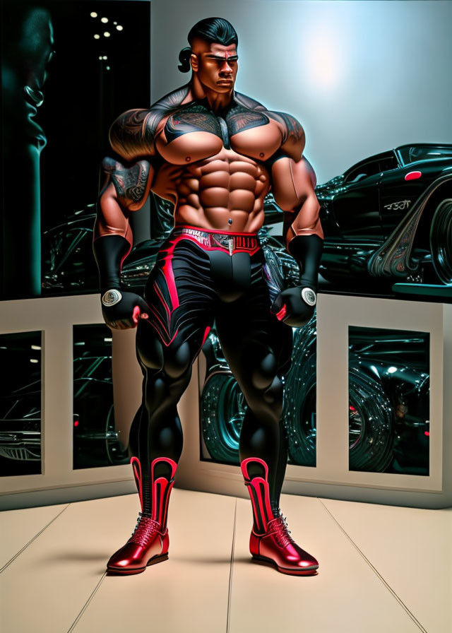 Muscular male superhero illustration in red and black attire indoors with cars.