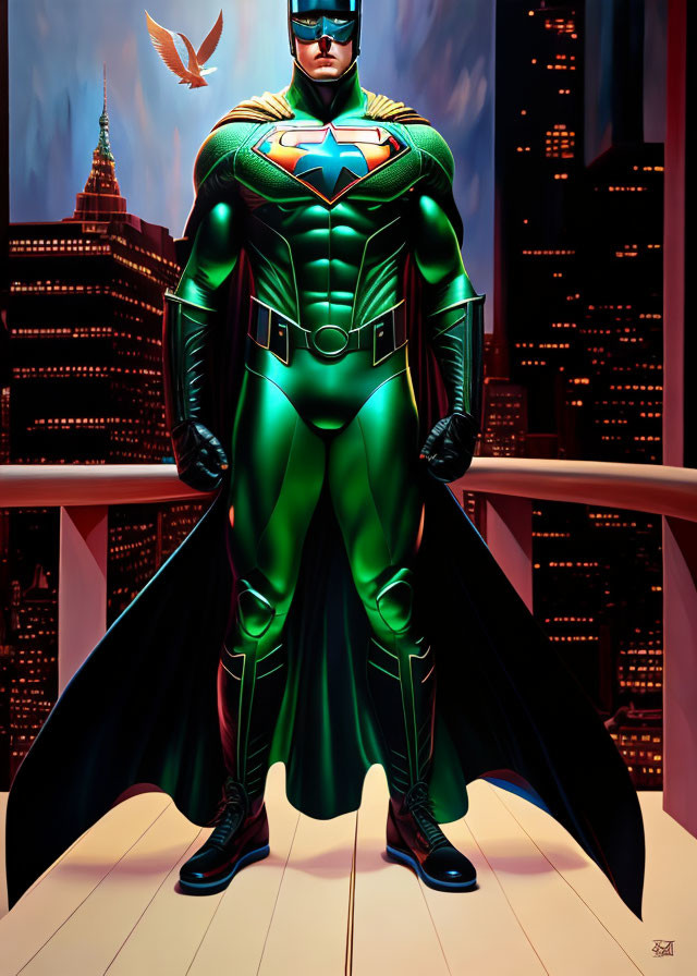 Superhero in Green and Black Suit with Blue Emblem Stands in Cityscape at Twilight