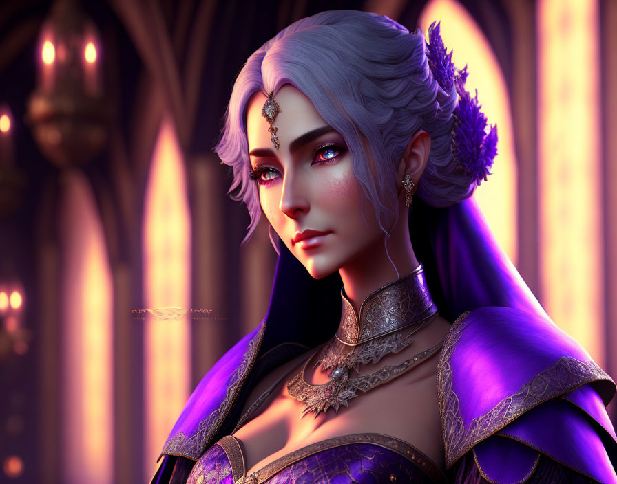 Silver-haired female character in purple dress with gold trim, set in regal ambiance.