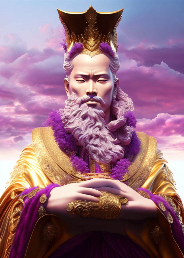 Bearded man in golden crown and purple robes under pink cloudy sky
