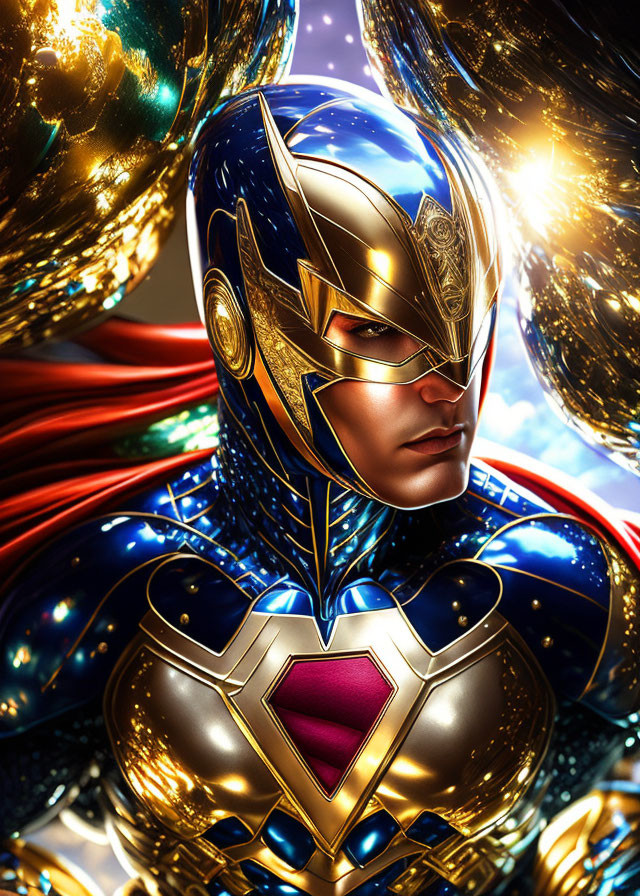 Vibrant superhero illustration in blue and gold costume with helmet and swirling energy