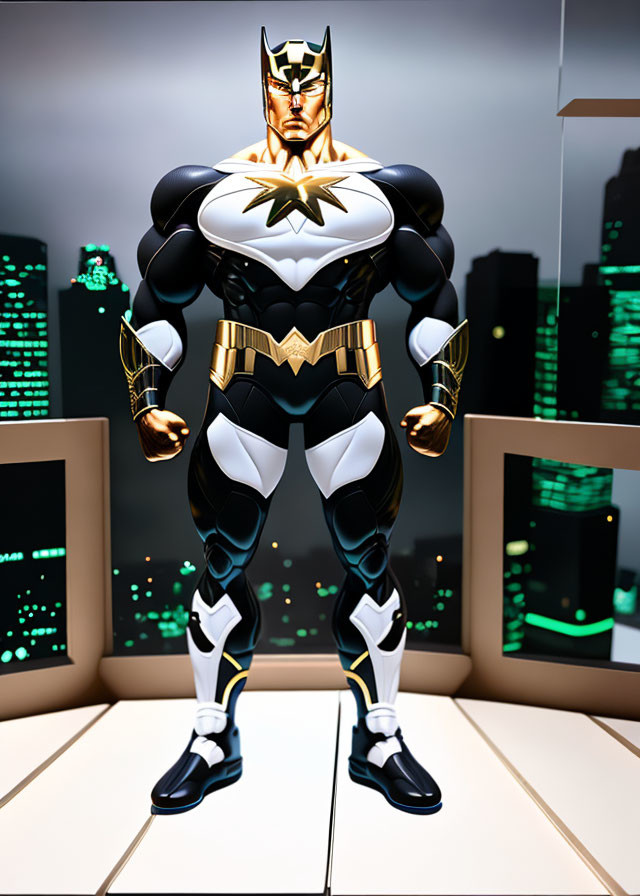 Muscular superhero statue in black and white costume with gold accents