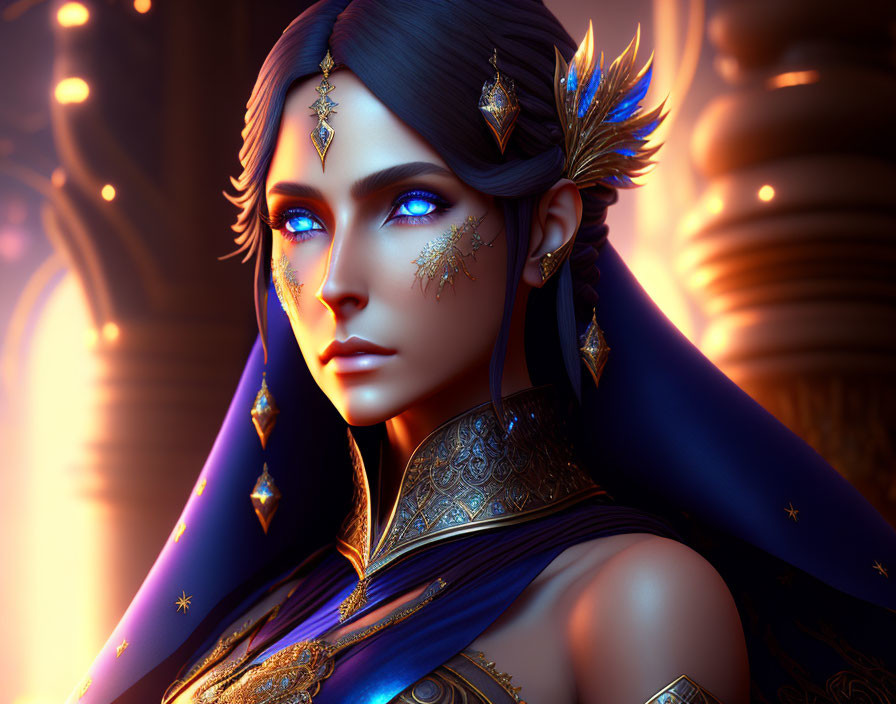 Female character portrait with blue eyes, gold jewelry, and headdress on warm background