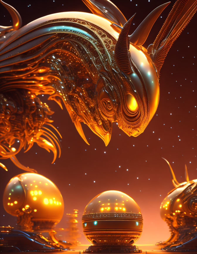 Golden mechanical dragon hovers over spherical structures on star-lit orange background