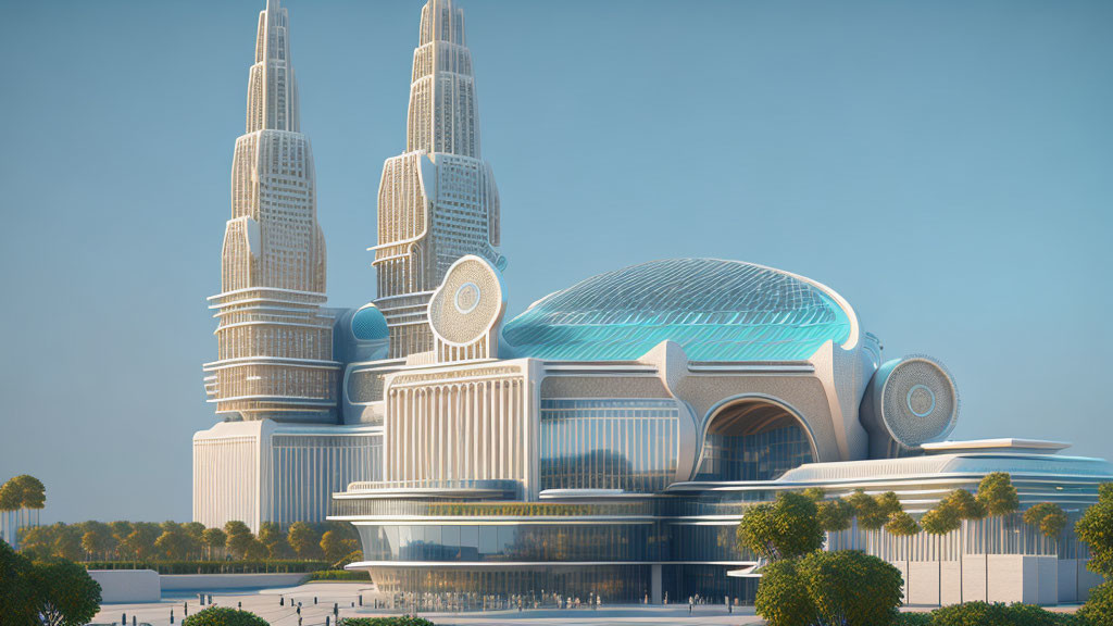 Futuristic cityscape with twin skyscrapers and dome structure