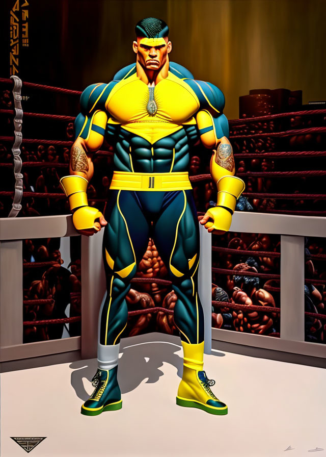Muscular animated superhero in blue and yellow suit in wrestling ring