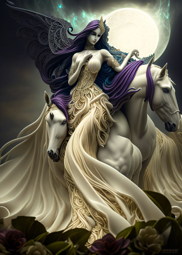 Dark-haired woman in elaborate attire riding two white horses under a full moon