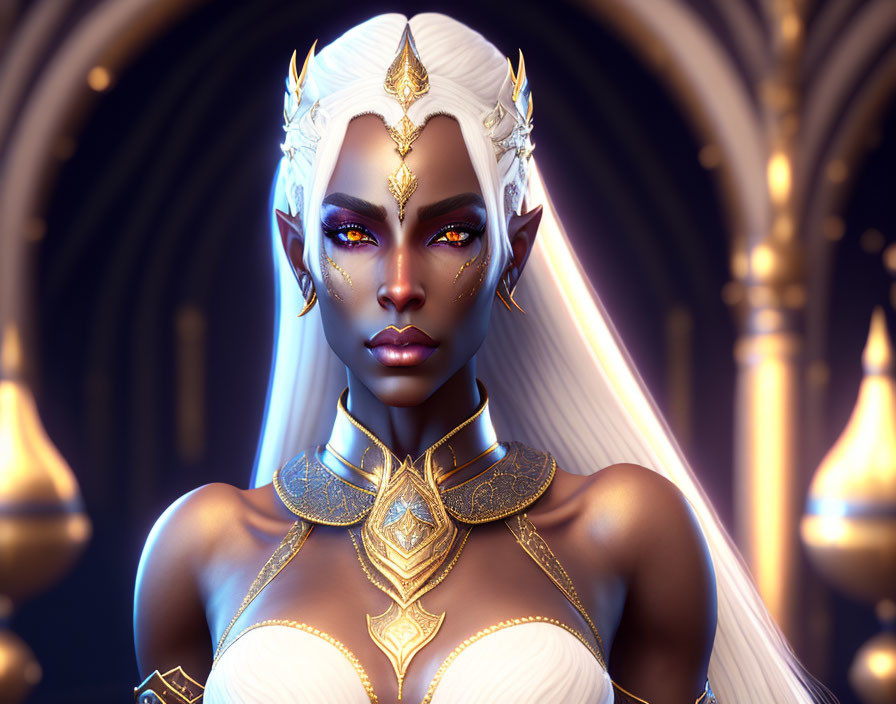 Elf digital artwork: White-haired elf in golden armor and tiara, in ornate hall with torch