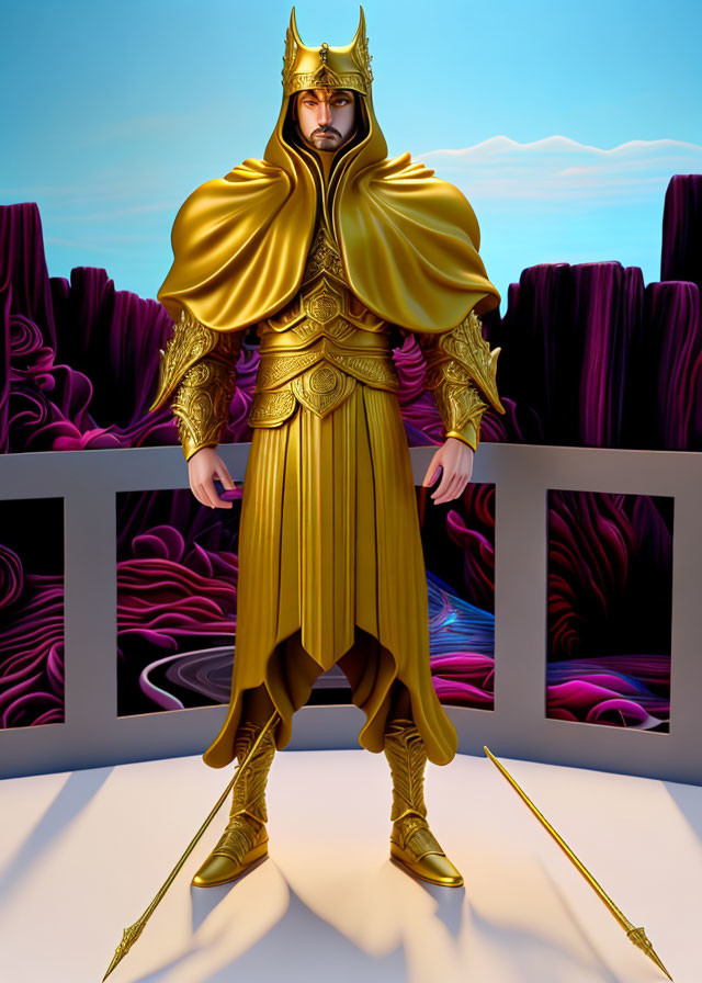 Golden armored figure with cape and helmet in surreal landscape.
