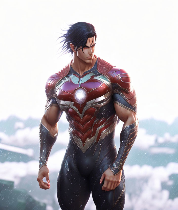 Muscular superhero in red and silver armor with glowing emblem