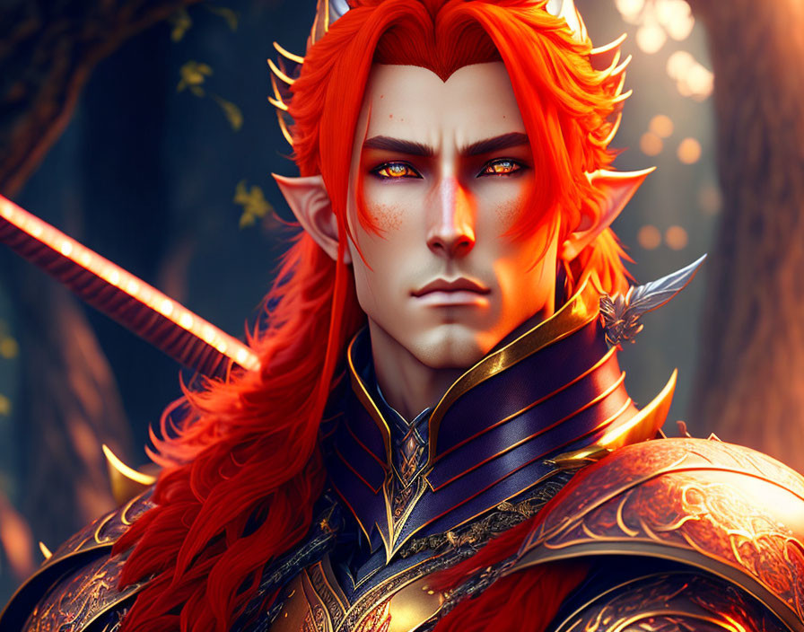 Fantasy character with red hair and golden armor in woodland setting