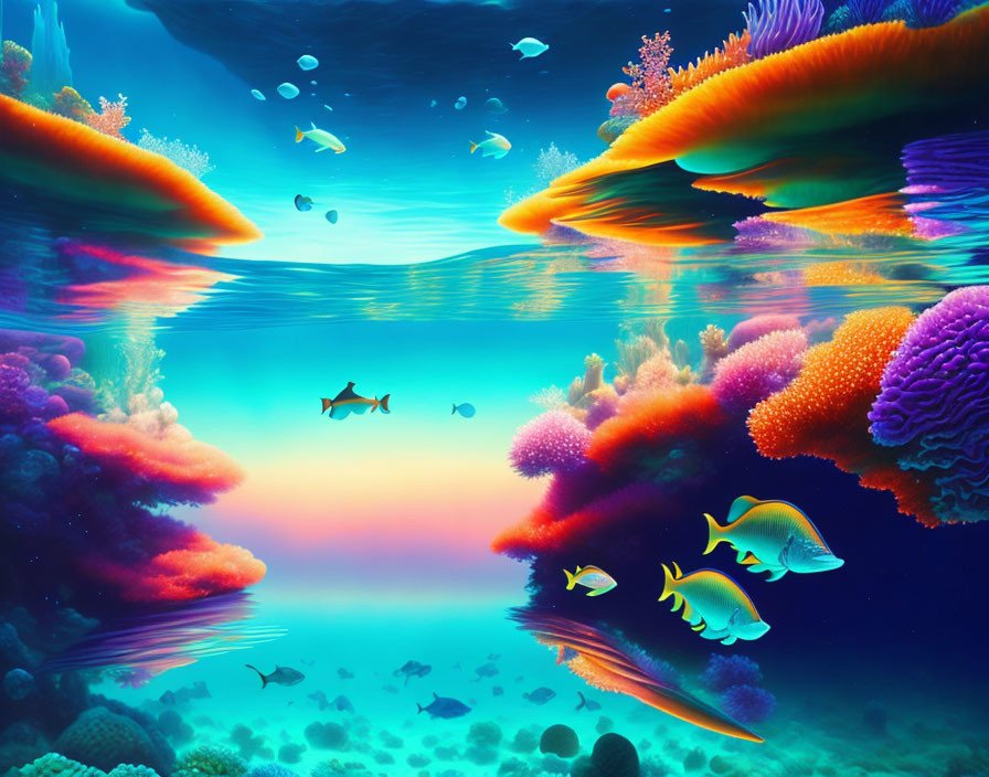 Vibrant coral reefs and fish in colorful underwater scene