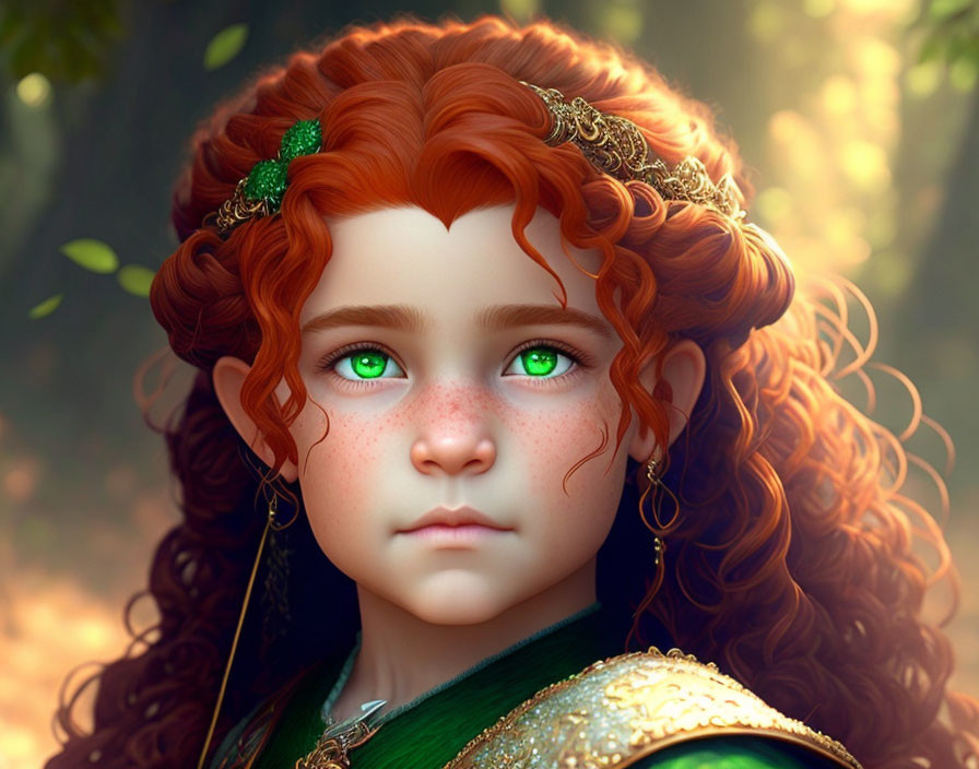 Young girl with red curly hair in green dress and forest setting