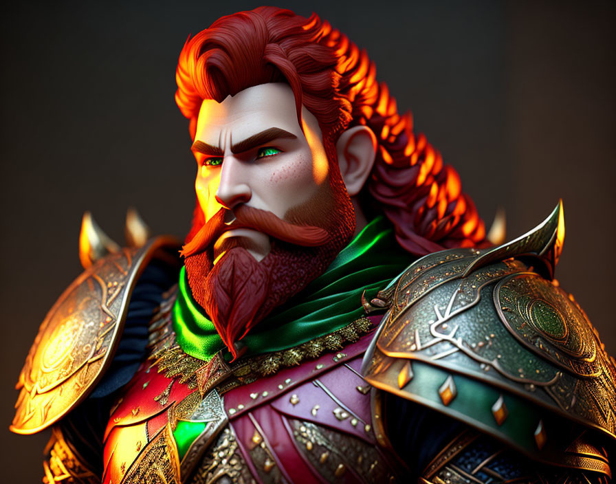 Heroic 3D illustration of red-bearded figure in ornate armor
