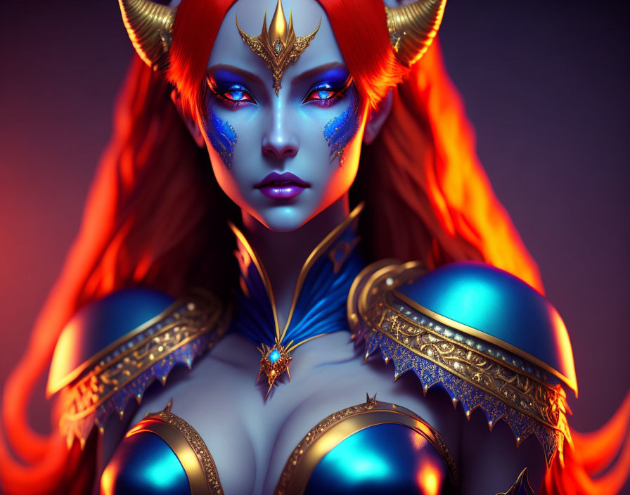 Fantasy illustration of a woman with blue skin and fiery orange hair in golden armor