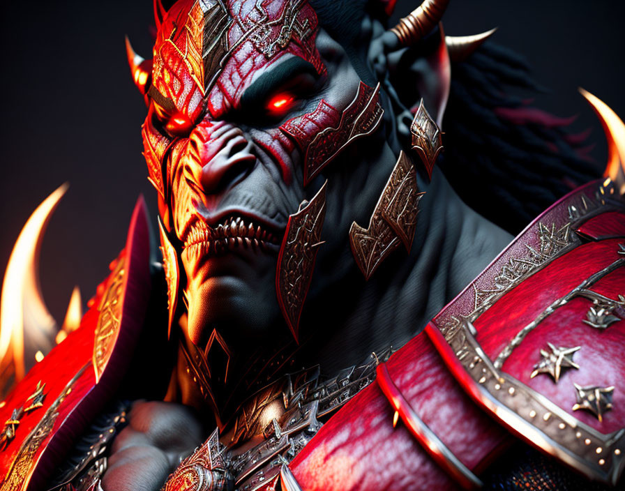 Detailed Red-Eyed Fantasy Creature in Ornate Armor on Dark Background