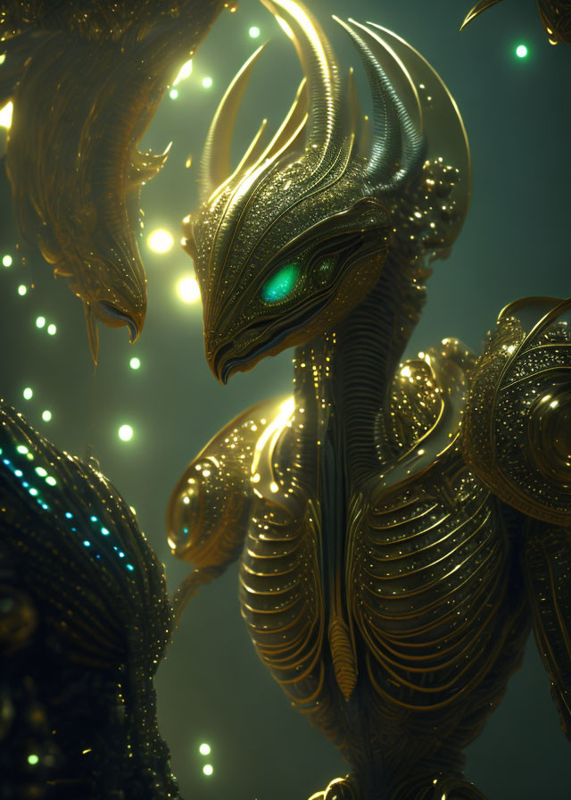 Golden mechanical bird with green eyes and orbs on dark background