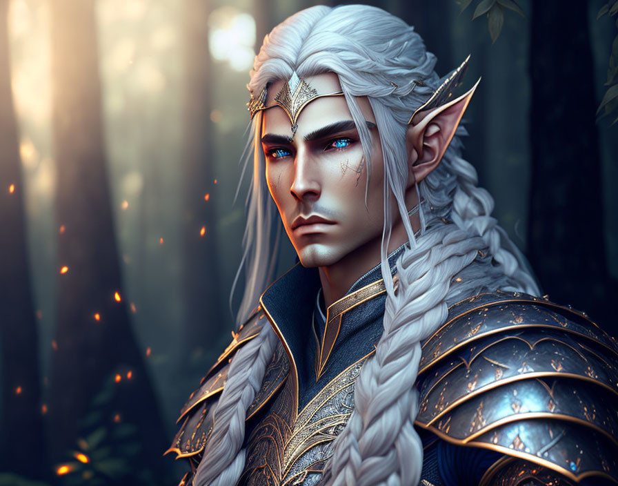 White-haired elf in intricate armor, set in mystical forest