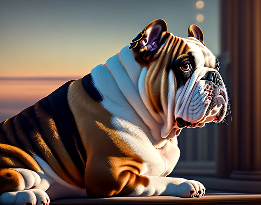 Stylized bulldog with swirling skin rolls against sunset backdrop