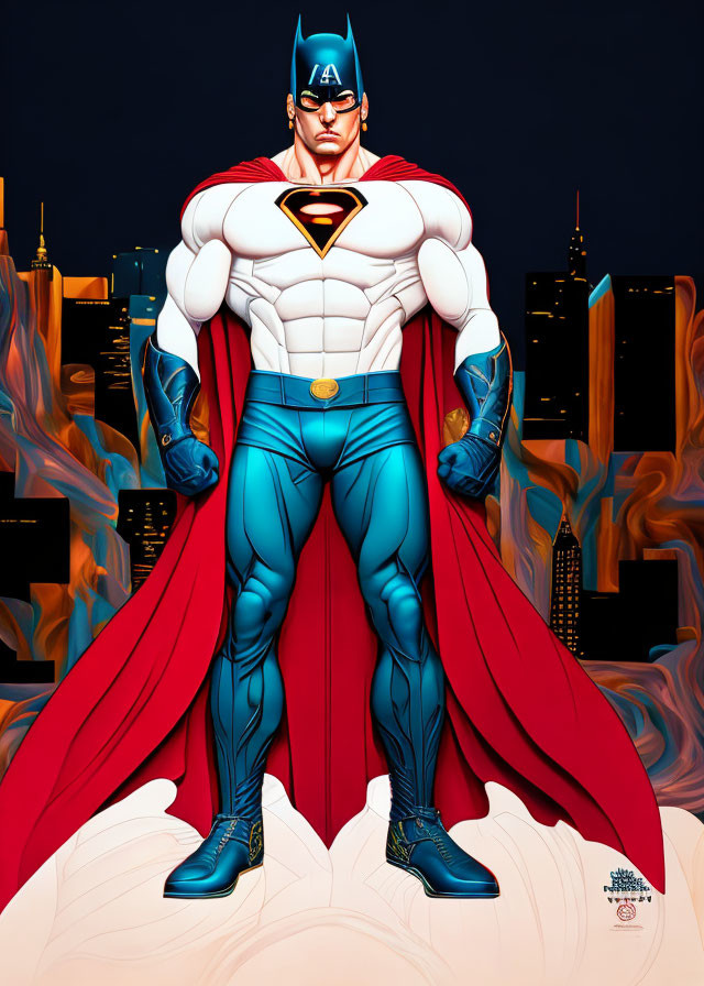 Superhero in red and blue suit with cape in city backdrop.