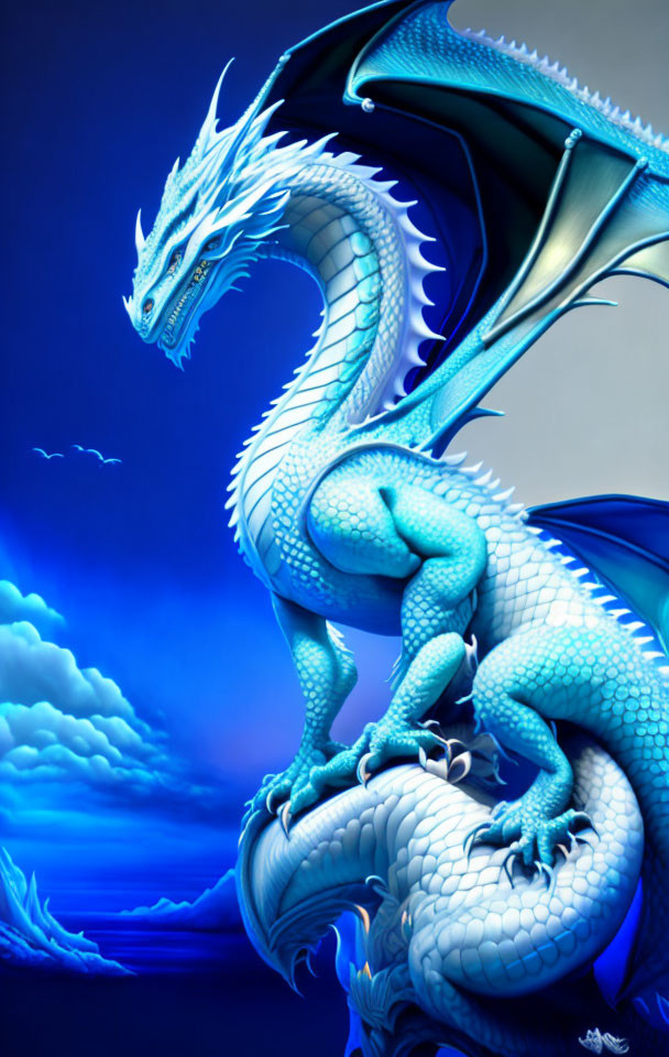 Majestic blue dragon with intricate scales against blue sky