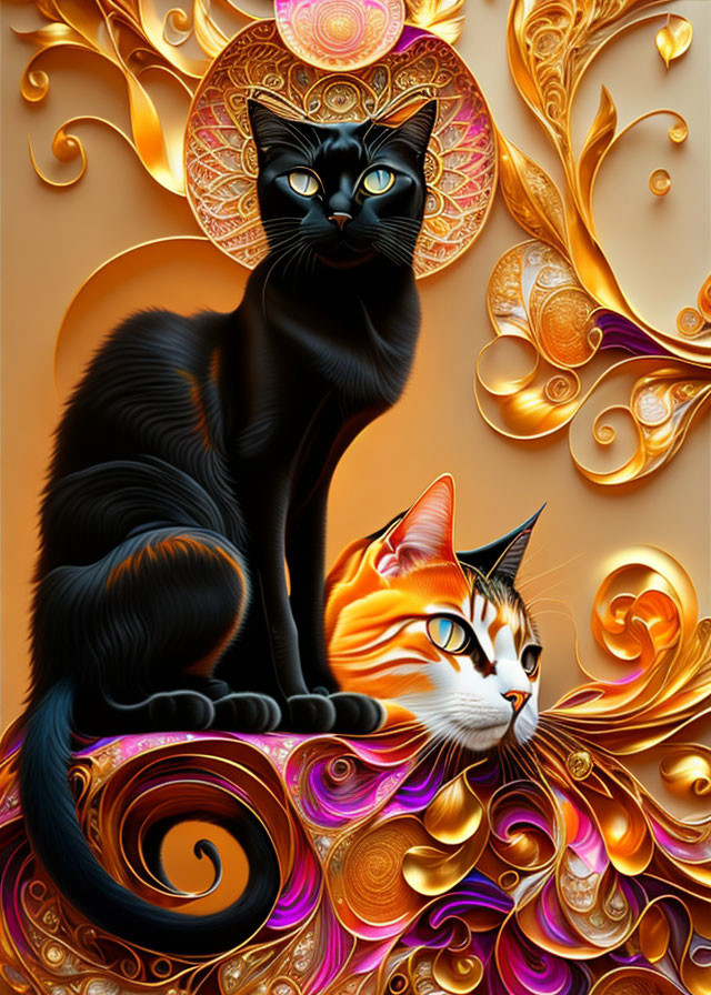 Regal black cat and colorful calico with golden filigree in ornate style