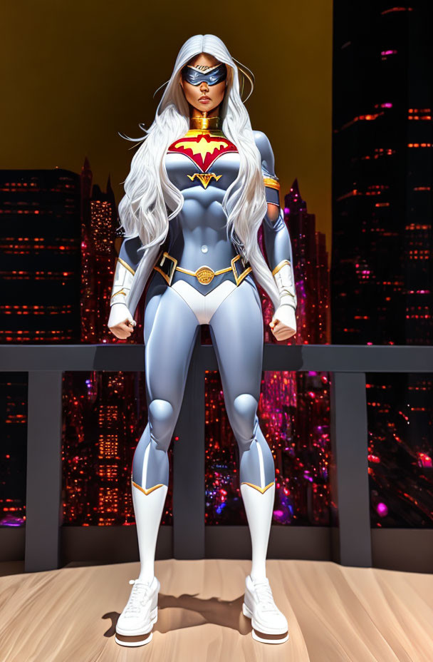 Female superhero statue in Wonder Woman costume with white hair and mask, cityscape backdrop at night