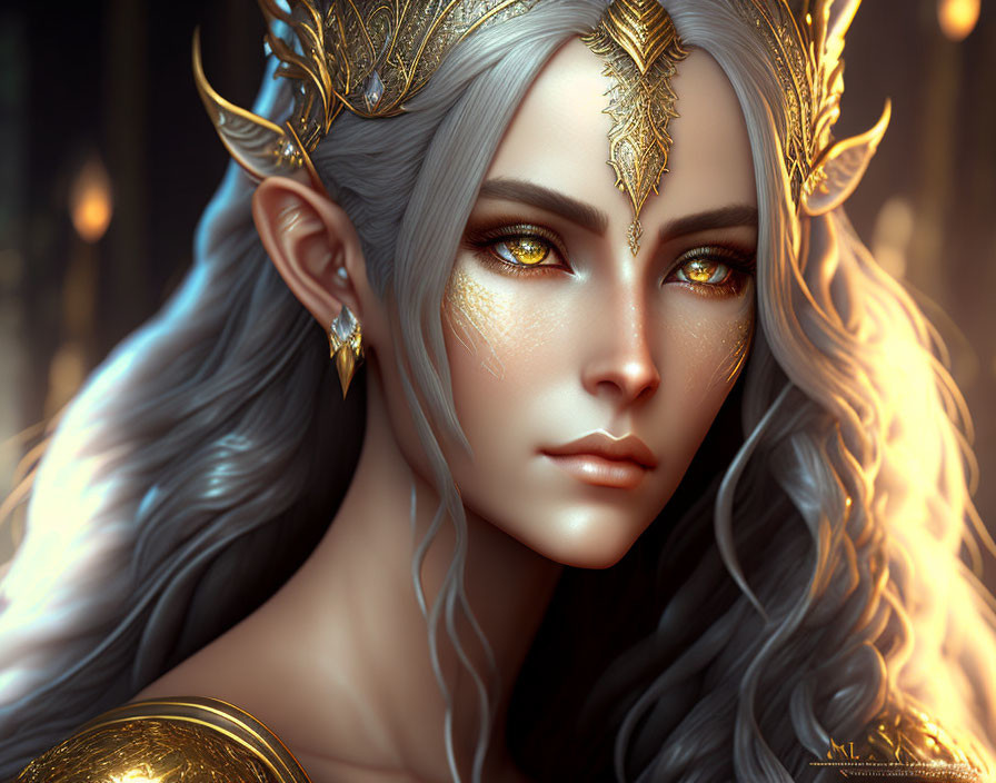 Fantasy female character with silver hair and golden eyes in ornate gold accessories