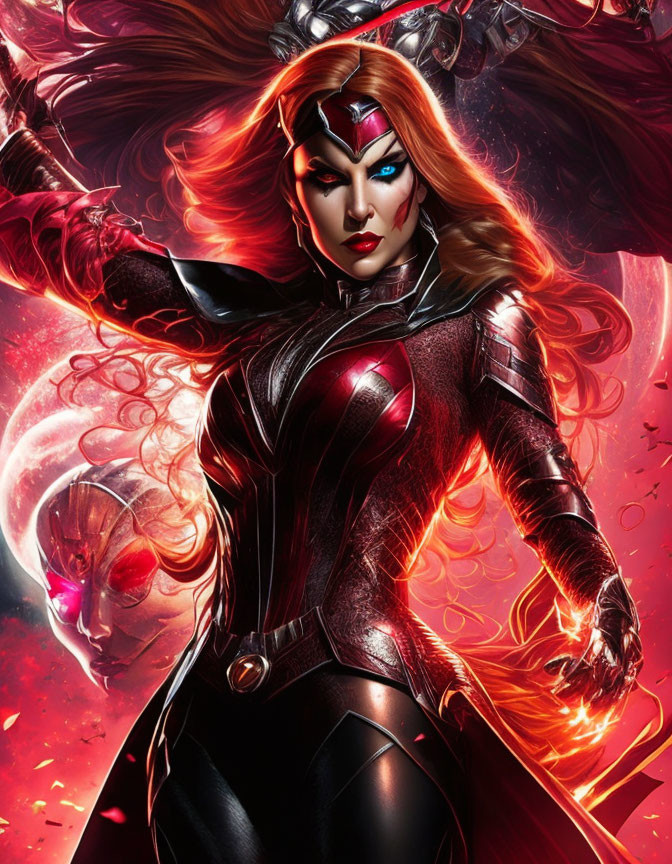 Red-haired female superhero in sleek costume with glowing energy ready for battle