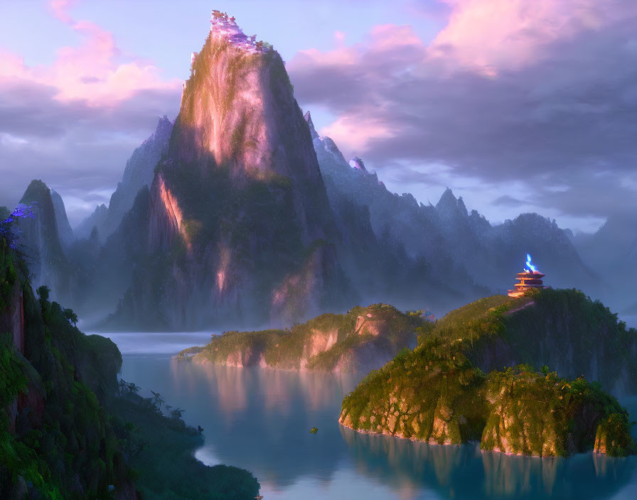 Misty lake, mountains, greenery, pagoda in serene sunrise landscape