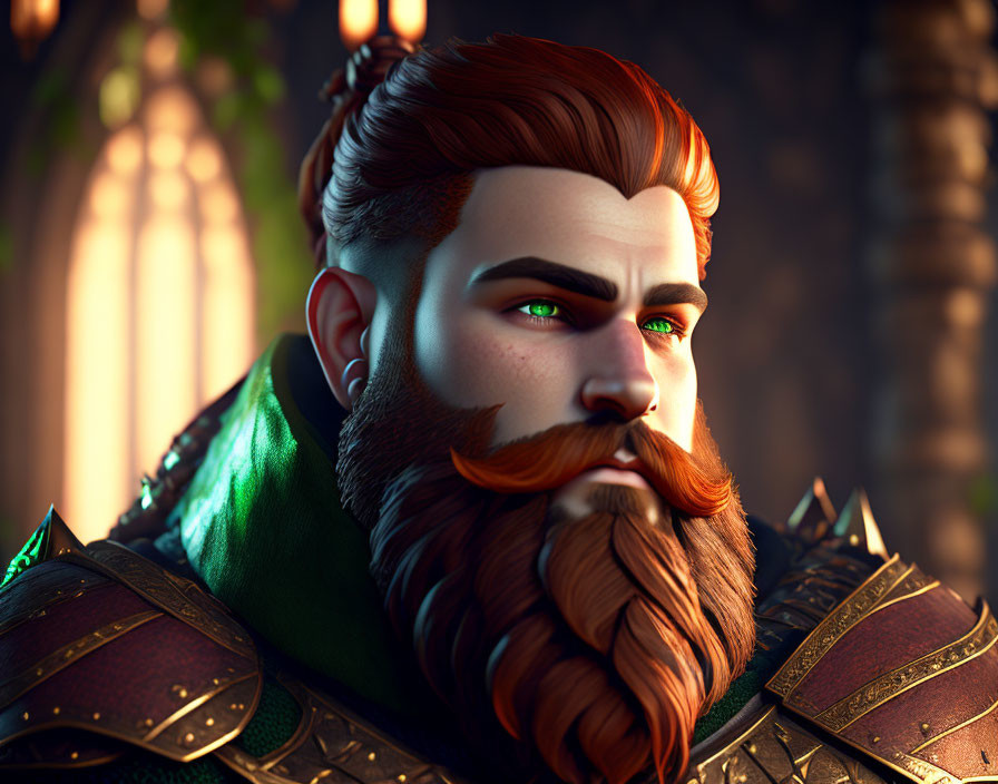 Detailed digital artwork: Confident fantasy warrior with braided red beard and green eyes in intricate armor,
