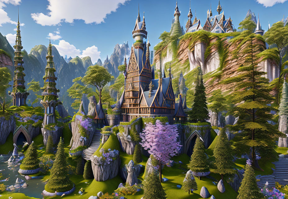 Majestic castles in lush fantasy landscape with pink tree