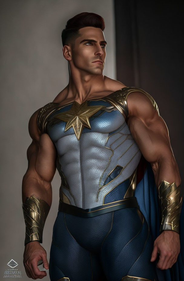 Muscular superhero in blue and gold costume with star emblem, striking a confident pose.