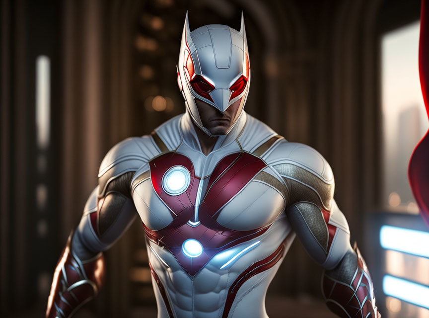 Detailed futuristic suit with white and red armor and glowing blue lights.