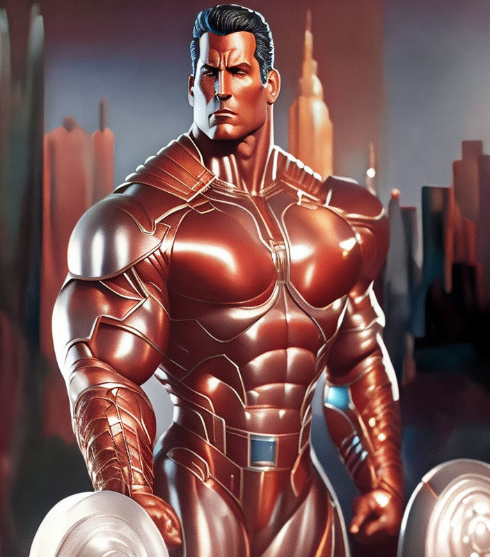 Muscular superhero in metallic suit with skyscrapers.