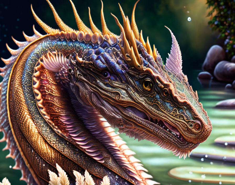 Detailed Dragon Illustration with Intricate Scales and Horns in Dark Forest