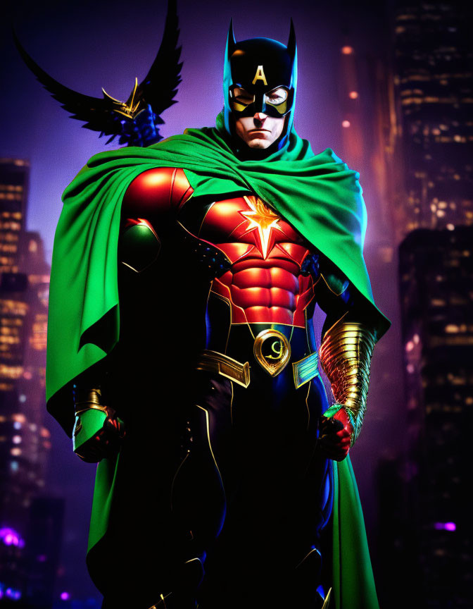 Superhero illustration with bat mask and star emblem