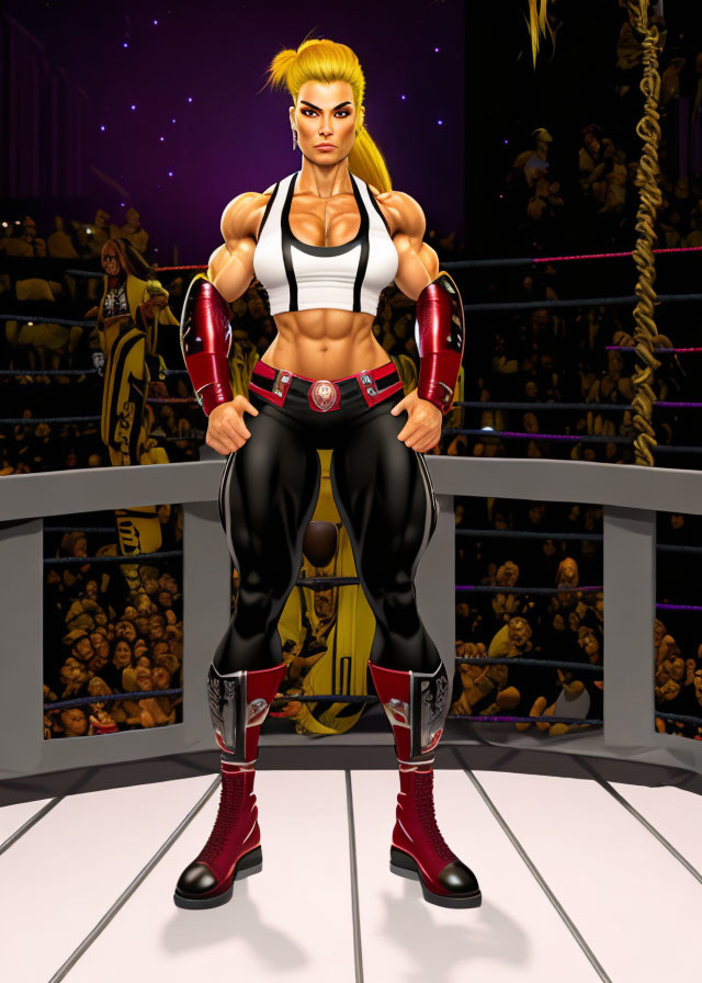 Blond muscular animated character in black and red gear in fighting ring with audience