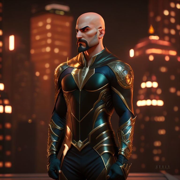 Bald, Muscular Character in Futuristic Armored Suit Against Cityscape