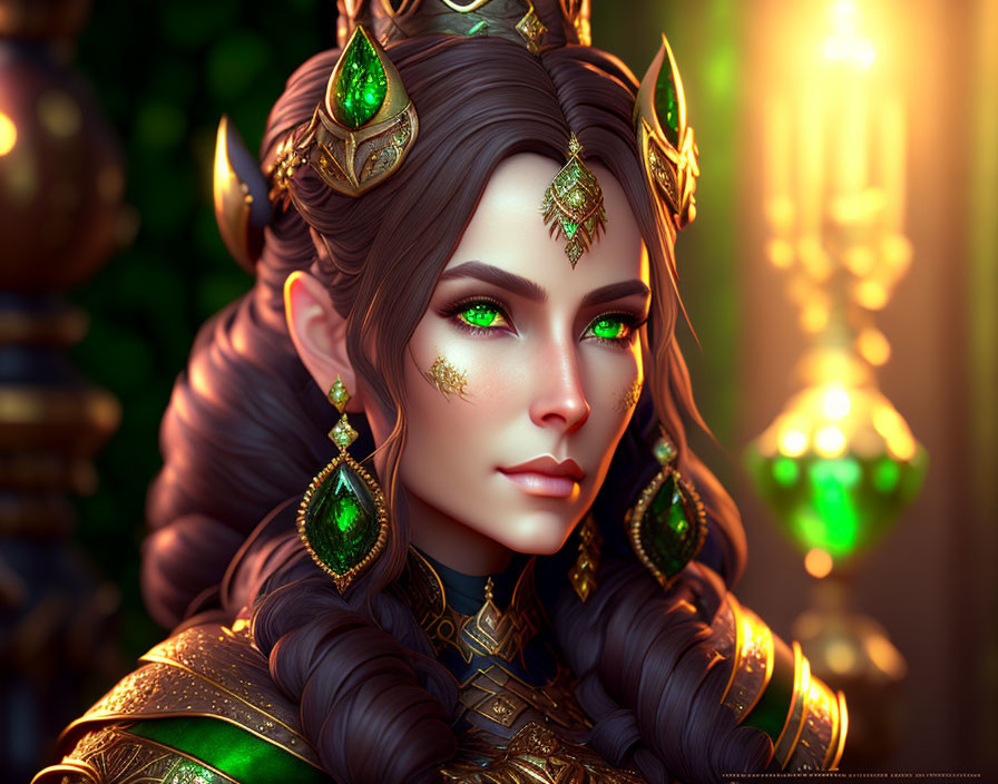 Regal woman digital art portrait with gold and green jewelry and glowing lights