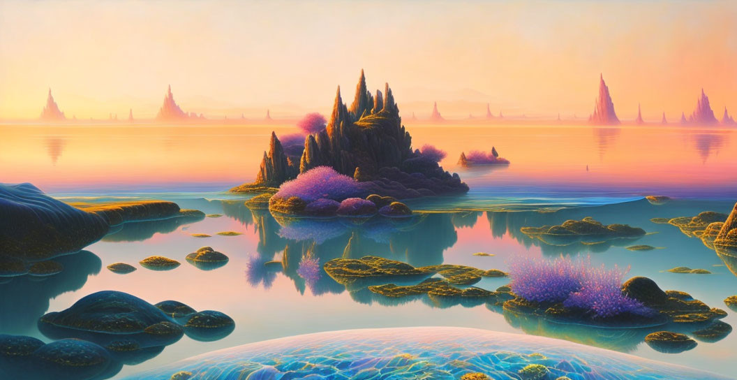 Colorful otherworldly landscape with pink and purple flora, glowing orbs, serene water, and distant